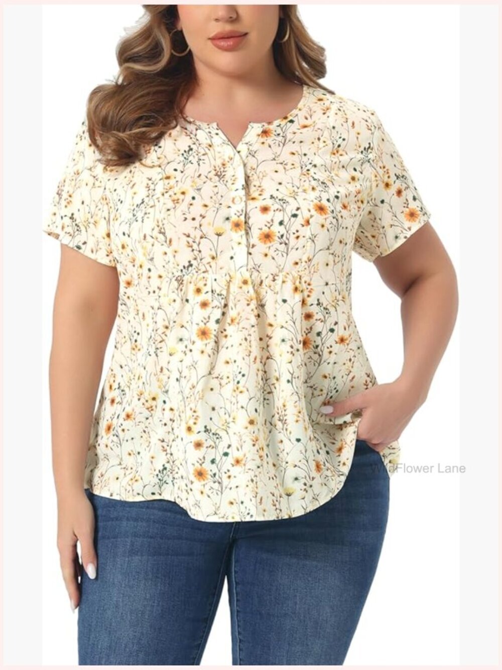 Plus Size Floral Blouse Half Placket Short Sleeve Casual Top